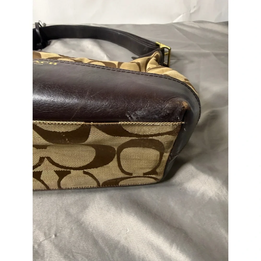 Coach Signature Jacquard Canvas Hobo Bag Brown Leather Trim Tassel Hobo Bag